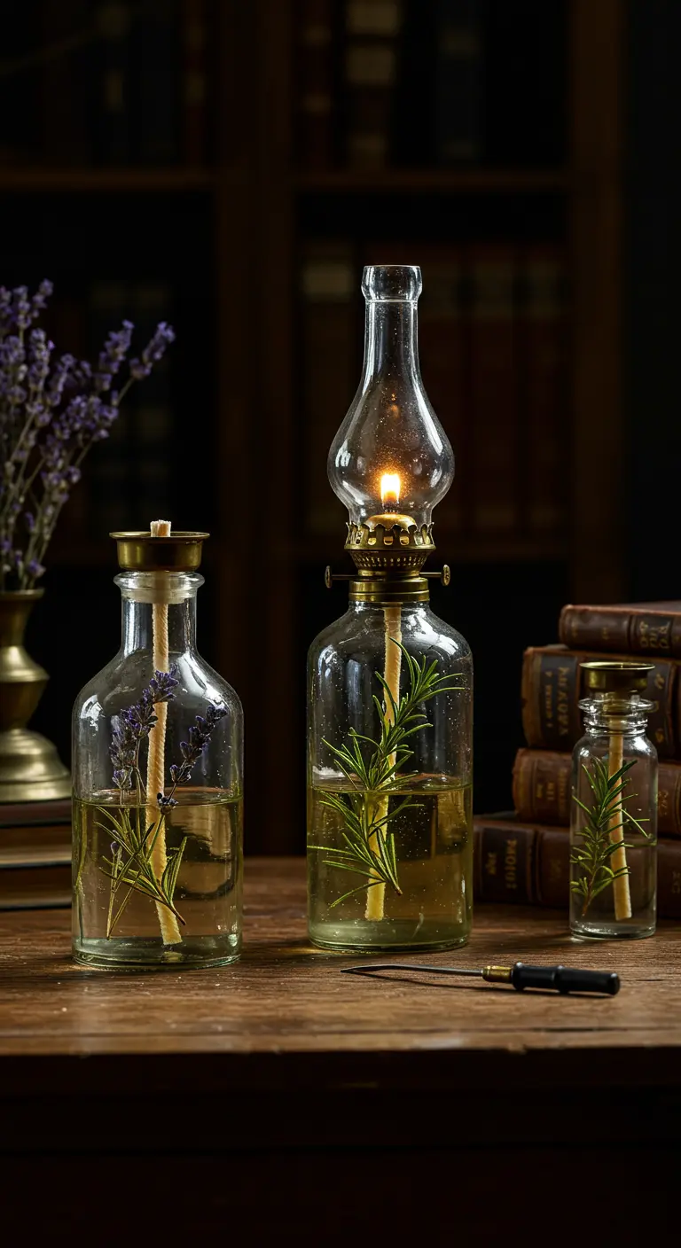 Lámparas de aceite en botellas de vidrio con ramitas de lavanda y romero en el interior.