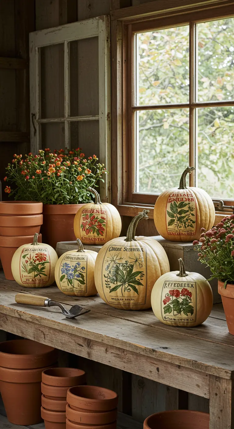 Calabazas de color crema decoradas con etiquetas de paquetes de semillas de estilo vintage en un cobertizo.
