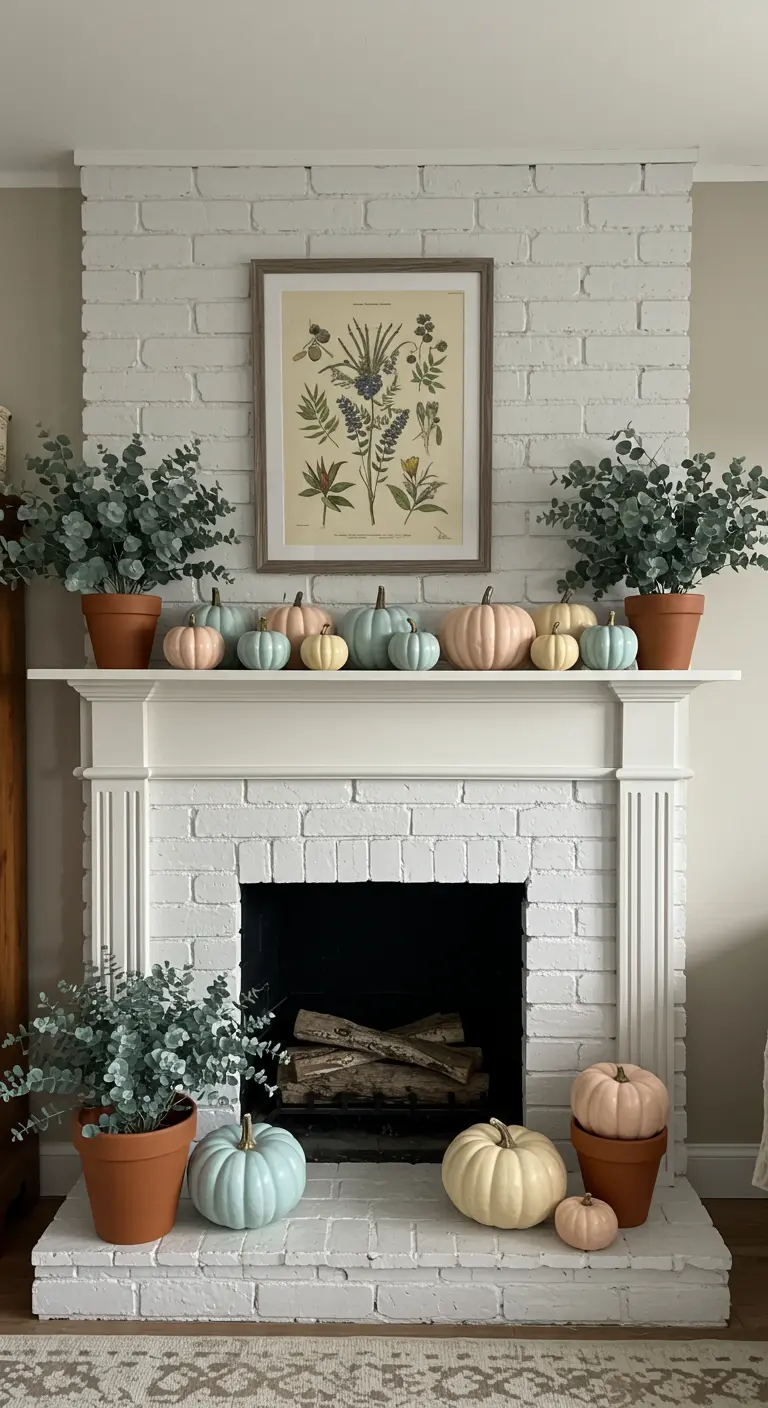 Chimenea de ladrillo blanco con calabazas en tonos pastel, macetas de eucalipto y un cuadro botánico.