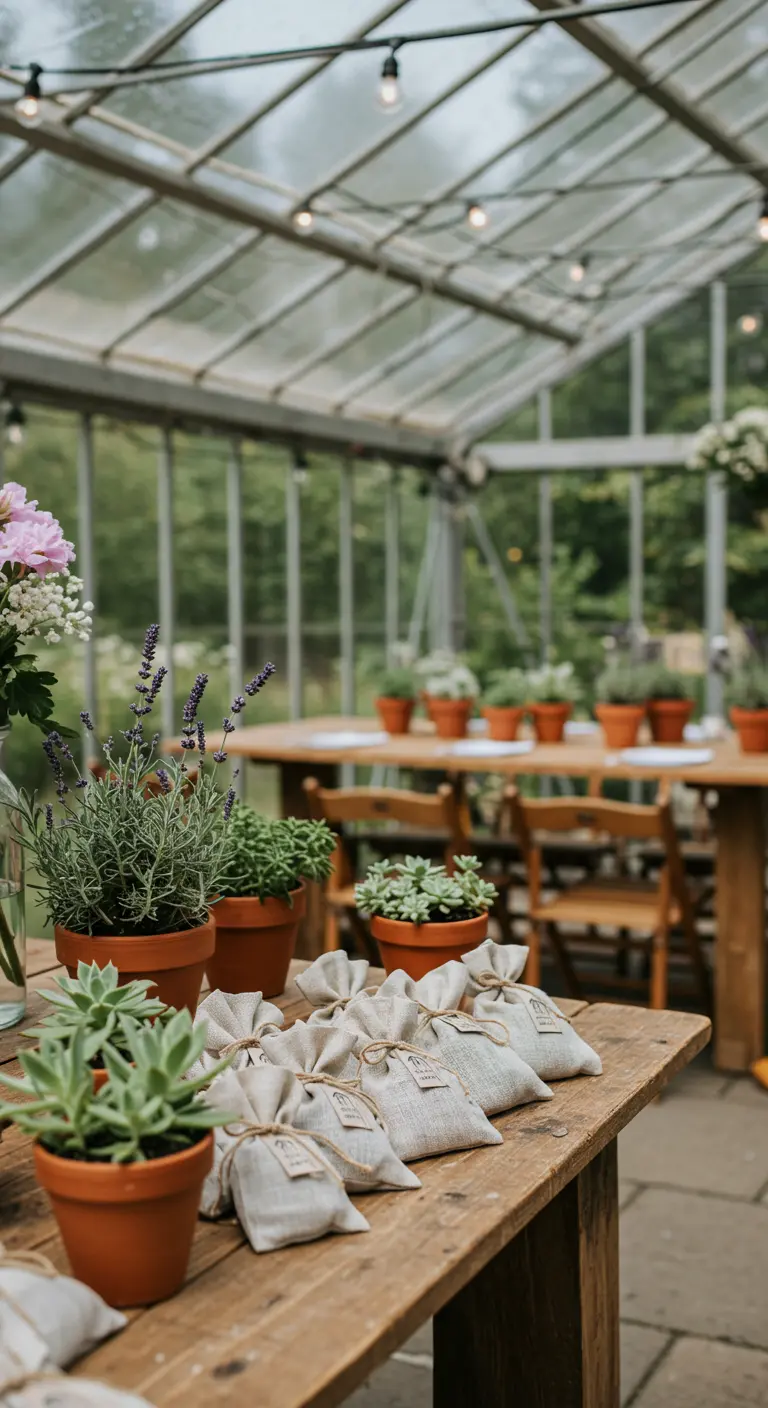 Bolsitas de lino rústicas sobre una mesa de madera junto a macetas de terracota con plantas.