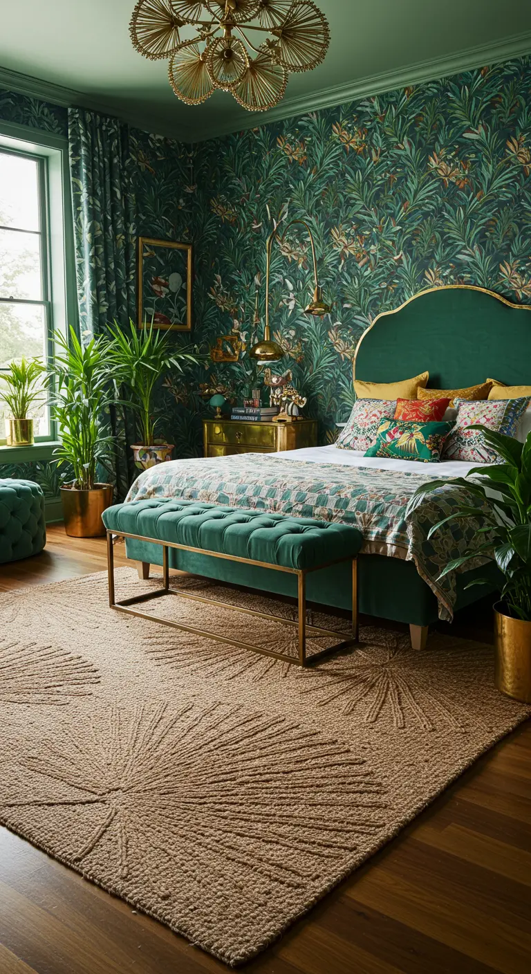 Dormitorio maximalista con papel pintado botánico y una alfombra de yute con un sol grabado.
