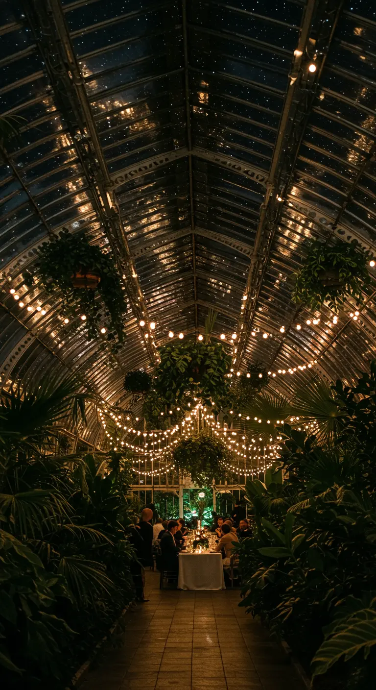 Cena de boda en un invernadero de cristal con luces colgantes y muchas plantas.