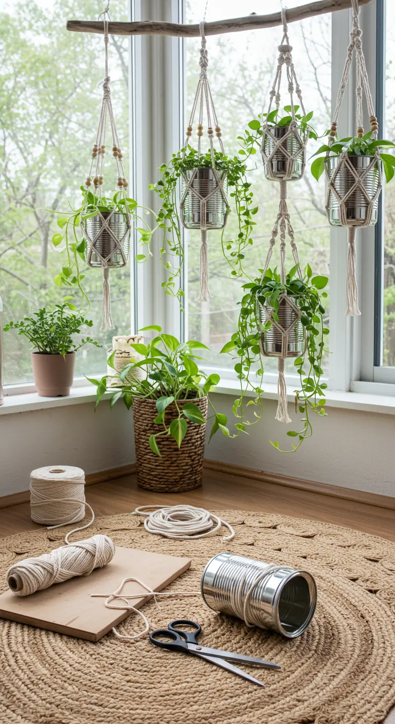 Macetas de lata plateada colgando de soportes de macramé hechos a mano.