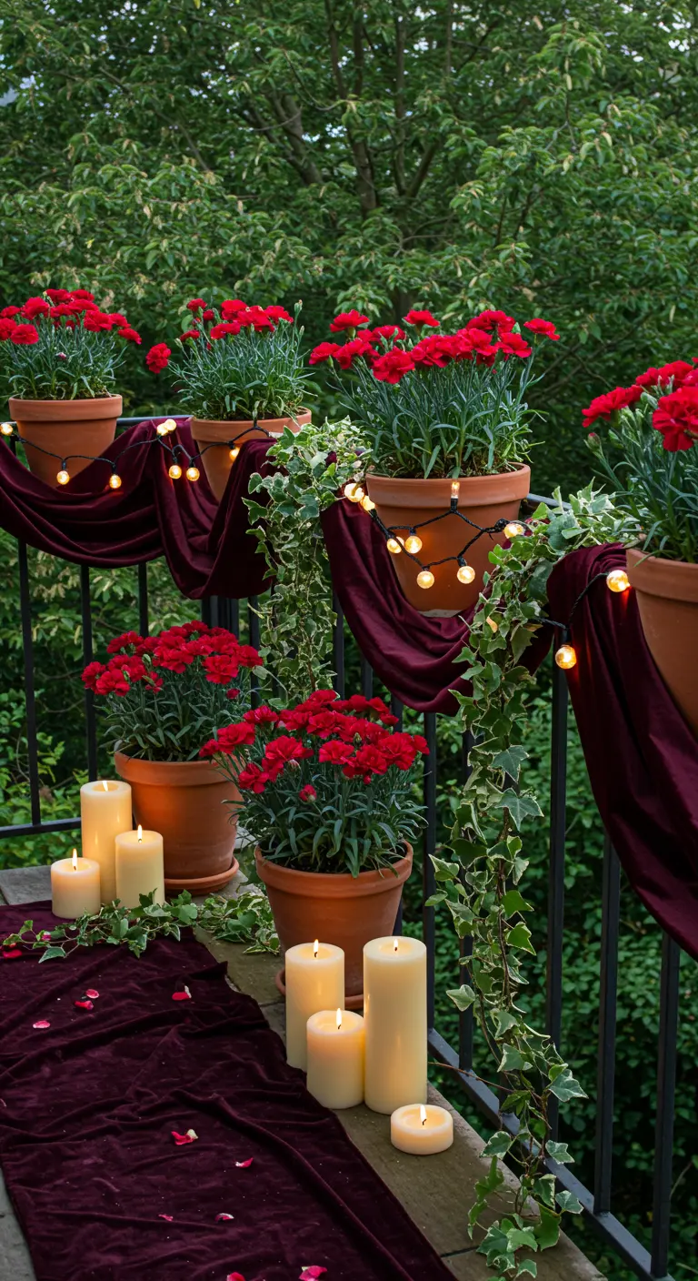 Balcón con macetas de claveles rojos, hiedra y una tela de terciopelo morado.