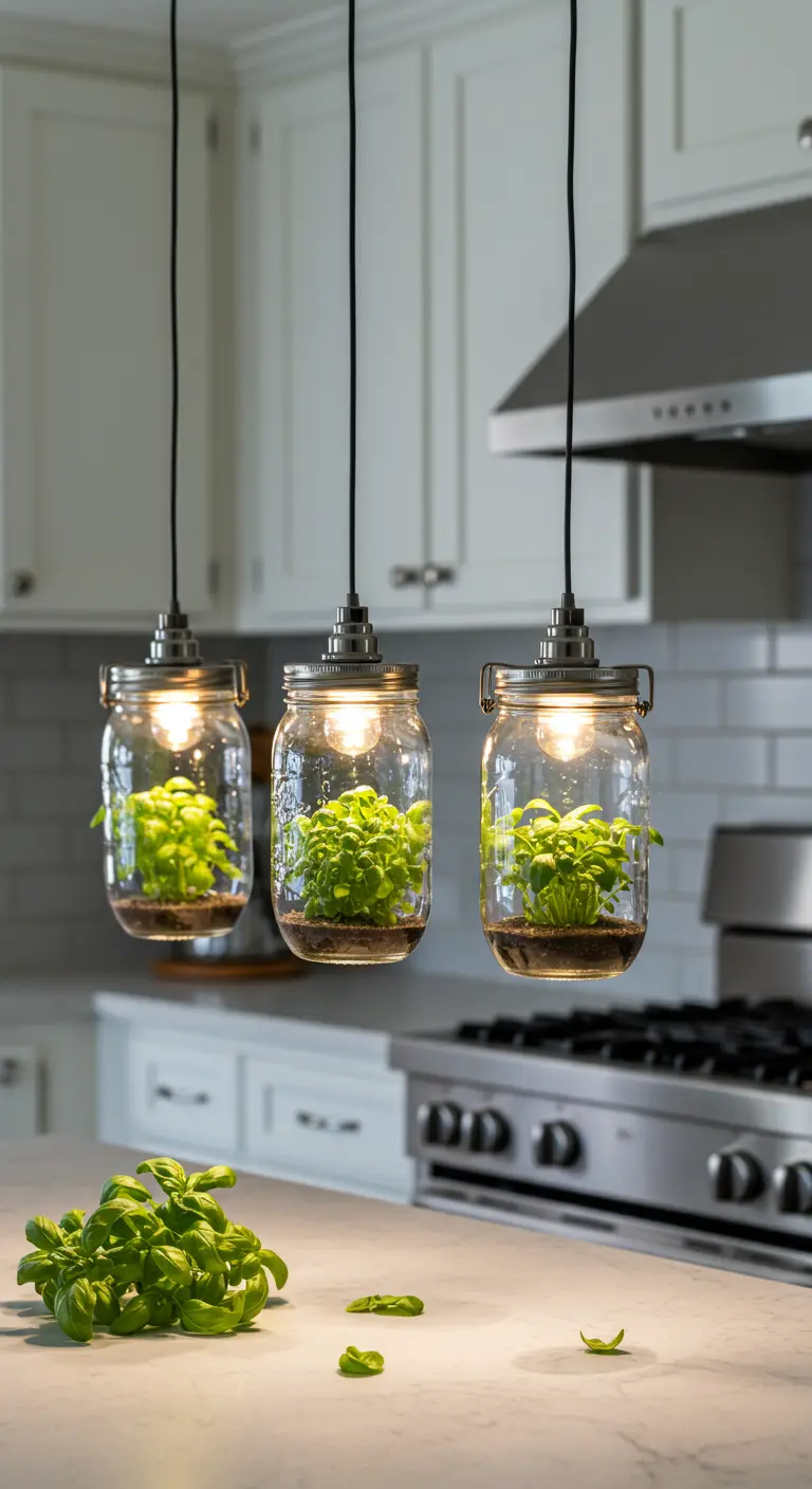 Lámparas de cocina hechas con frascos de vidrio que contienen pequeñas plantas de albahaca.