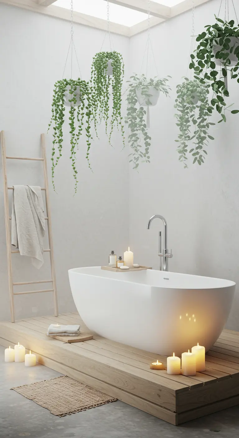 Bañera sobre una plataforma de madera con varias plantas colgando del techo.