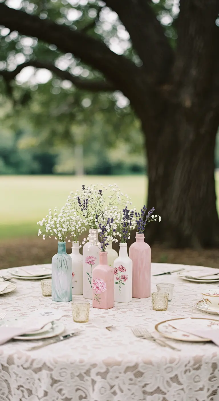 Mesa de jardín con botellas en tonos pastel pintadas a mano con flores delicadas.