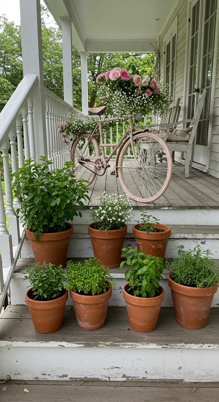 Bicicleta rosa pálido con rosas y gypsophila rodeada de macetas de hierbas aromáticas