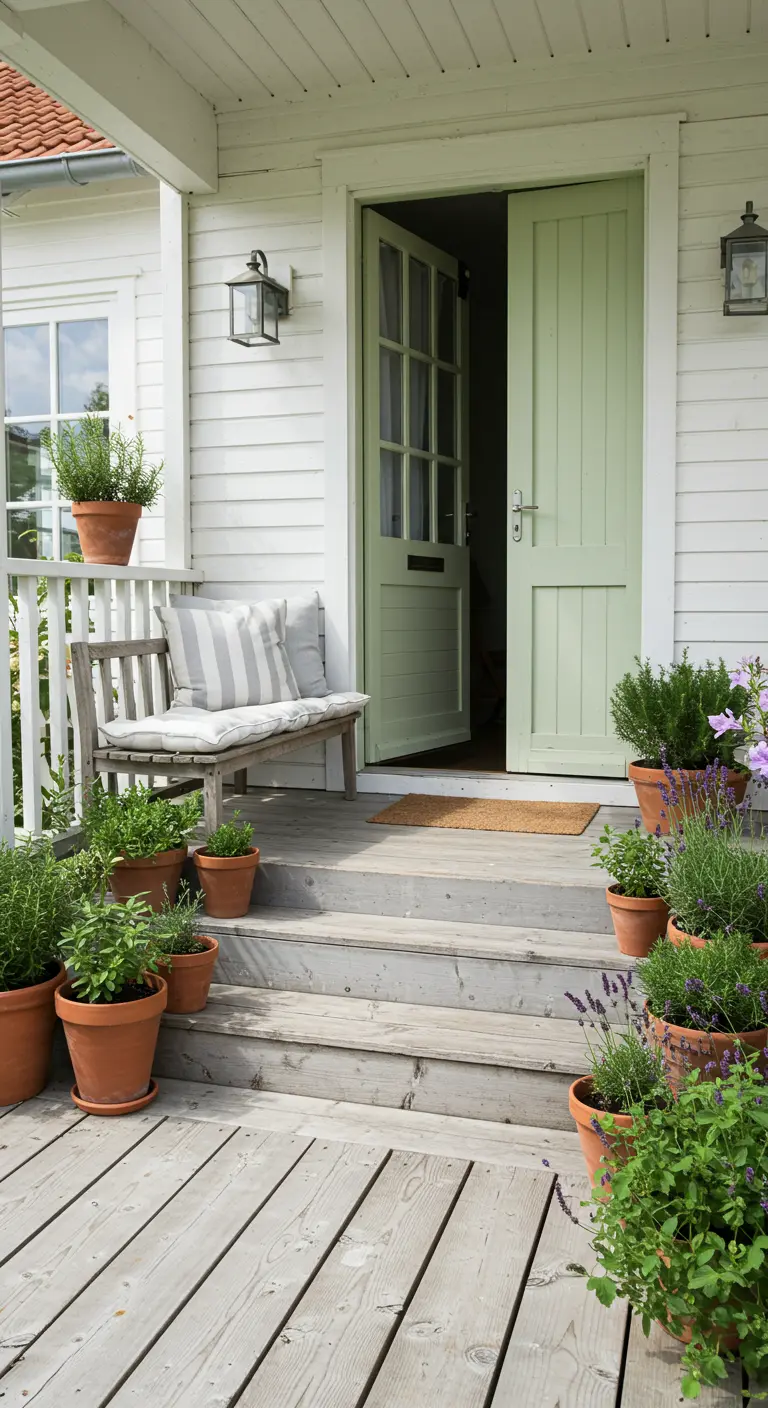 Porche de madera blanca con puerta verde salvia y muchas macetas de terracota con hierbas aromáticas.