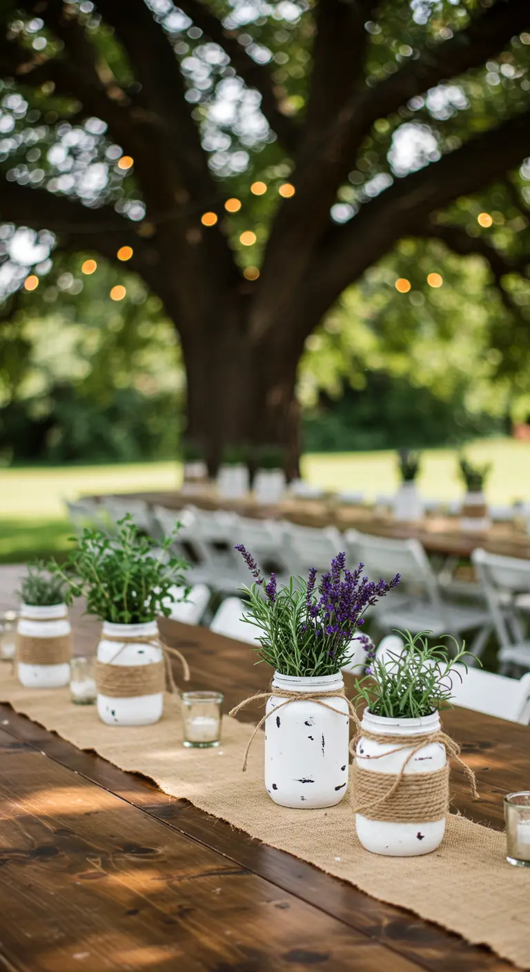 Tarros de cristal pintados de blanco con lavanda y romero como centros de mesa rústicos.