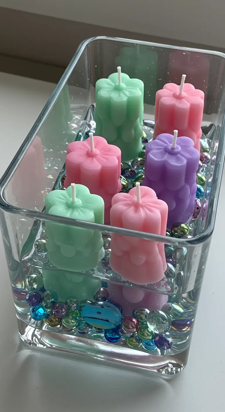 Velas caseras con forma de flor en colores pastel dentro de un jarrón con gemas de colores.