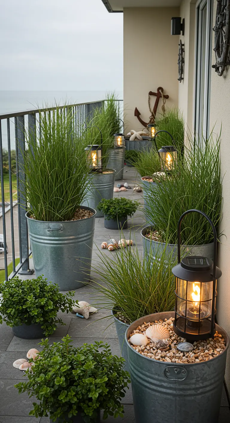 Balcón con plantas de duna en cubos de zinc, decorado con conchas y faroles solares.