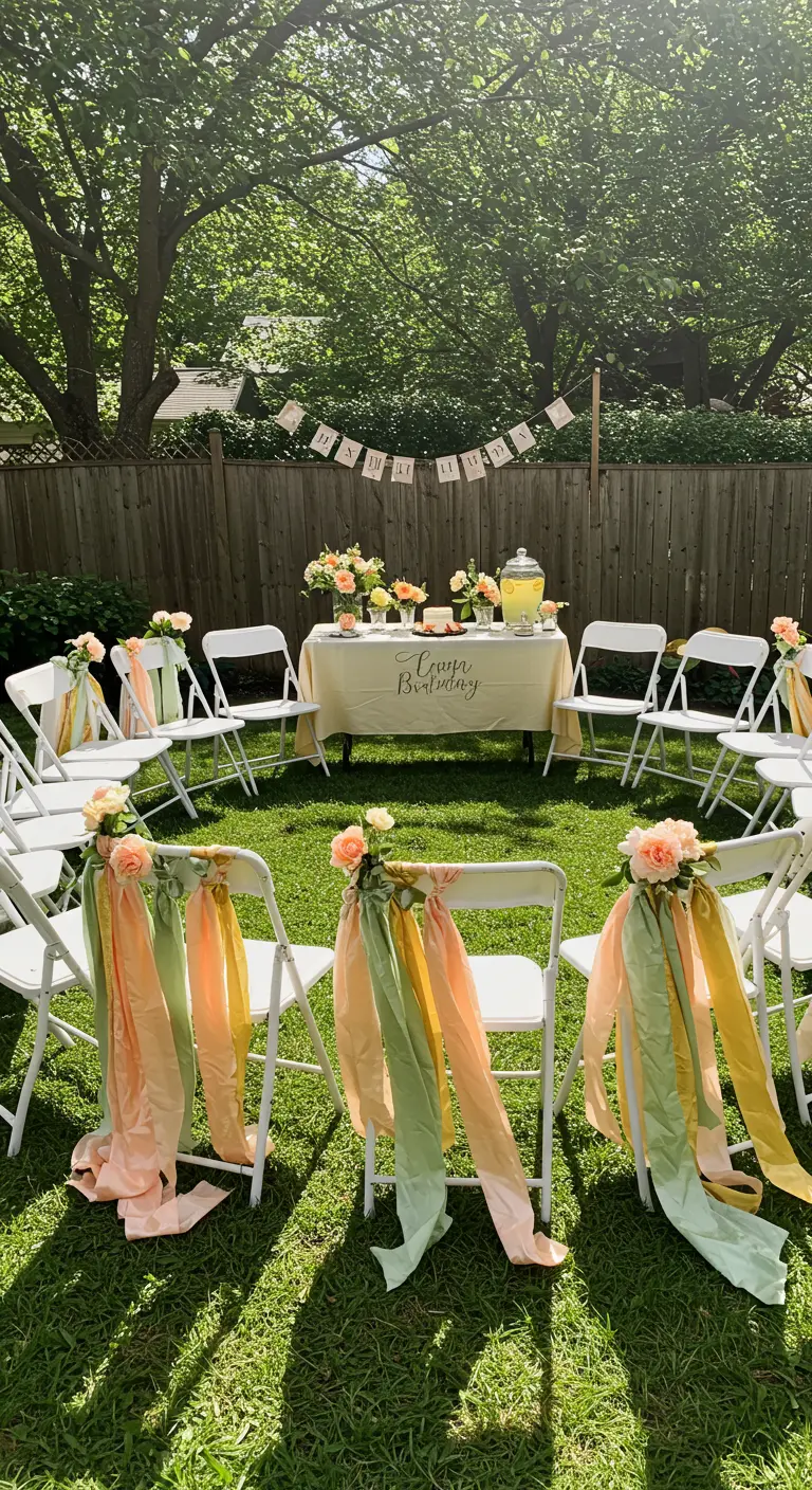 Sillas blancas en un jardín decoradas con cintas largas de colores pastel y flores.