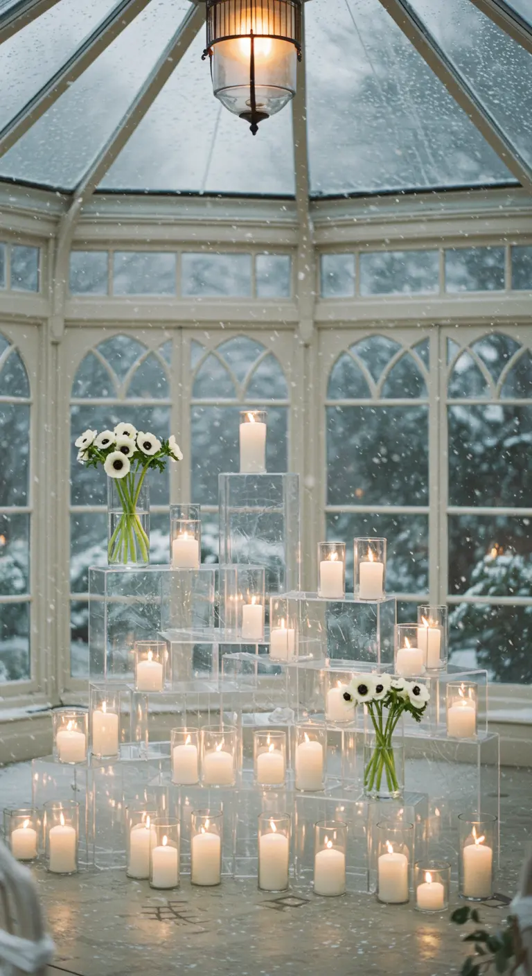 Altar de boda invernal con cajas de acrílico apiladas, velas y flores blancas mientras nieva.