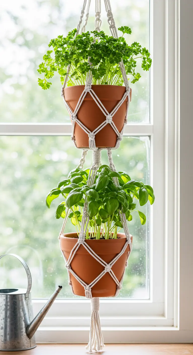 Colgador de macramé de dos niveles con macetas de terracota llenas de perejil y albahaca.