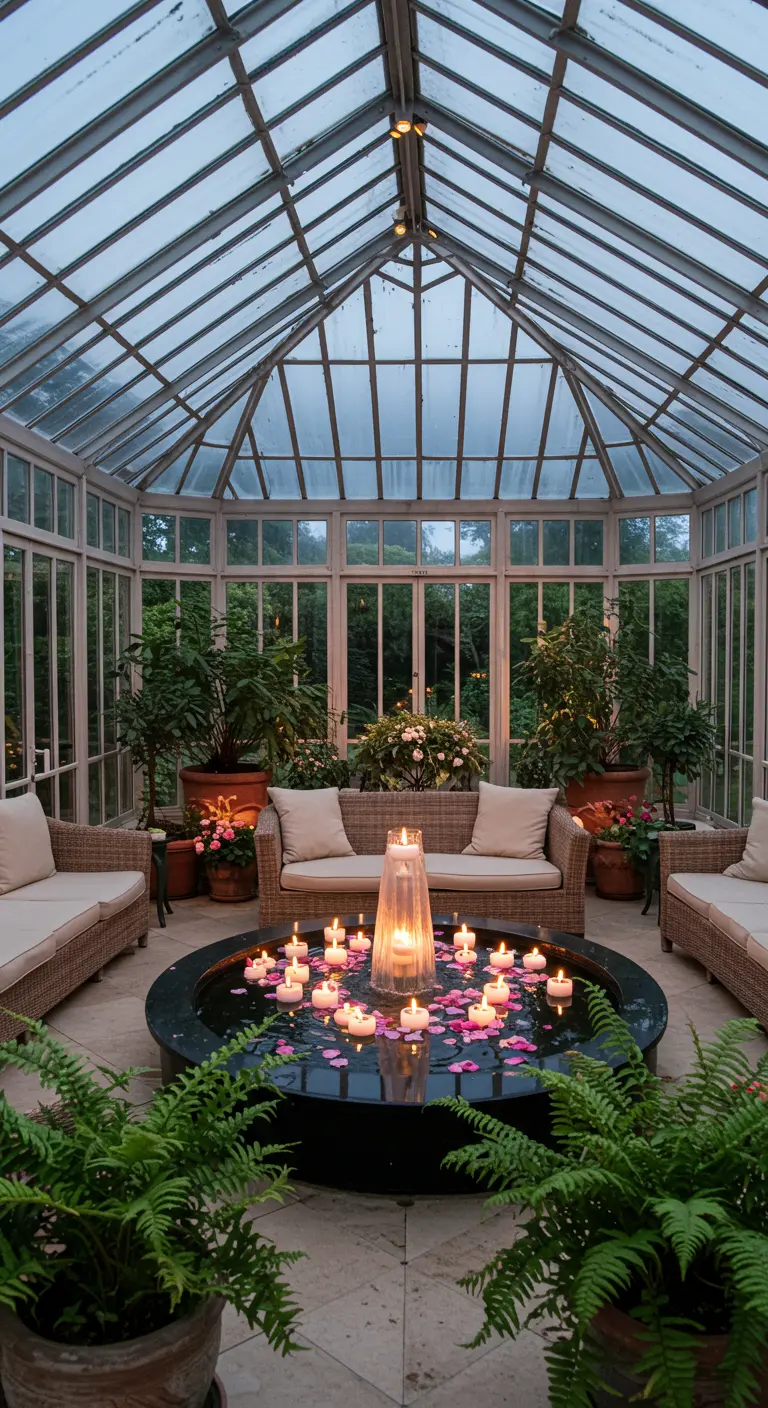 Invernadero con un estanque circular central con velas flotantes y pétalos de rosa.