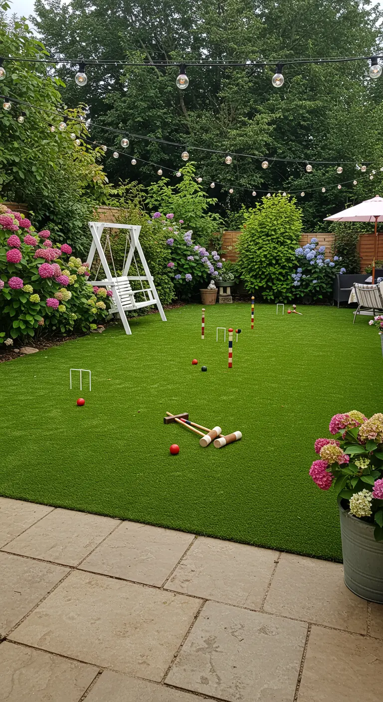 Jardín con césped artificial, un juego de croquet, un columpio blanco y grandes macizos de hortensias.