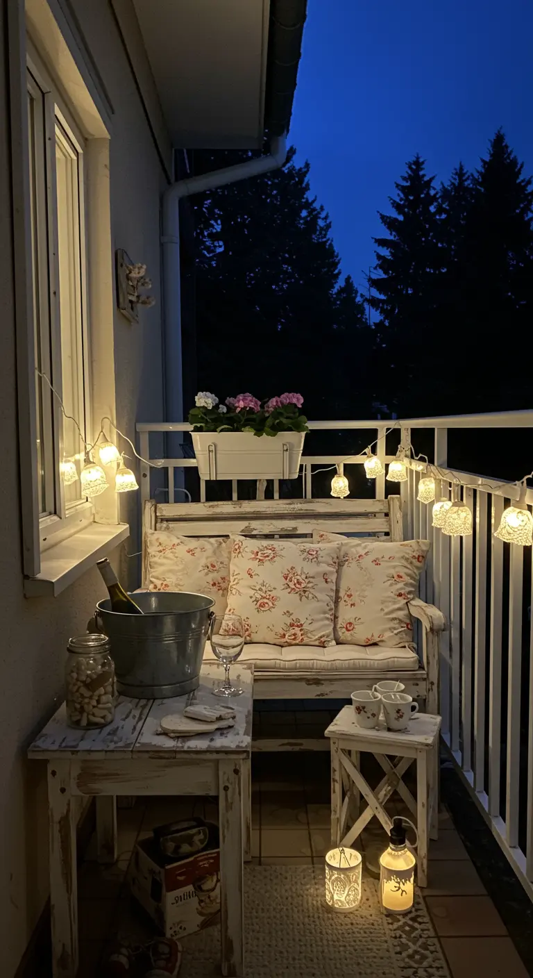 Balcón de estilo shabby chic con muebles blancos desgastados, cojines florales y luces delicadas.