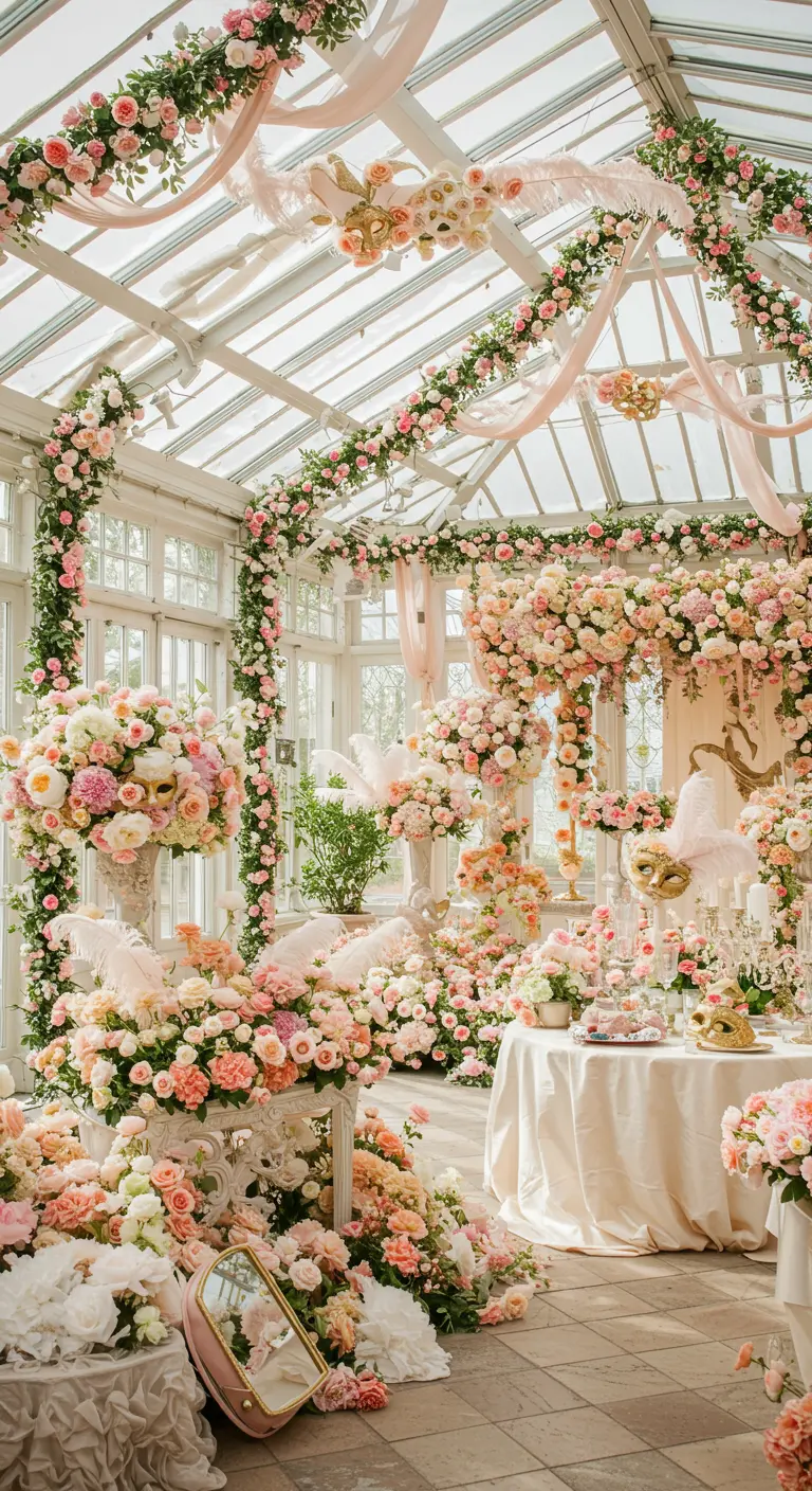 Invernadero rebosante de flores rosas y blancas, con máscaras y plumas integradas en la decoración.
