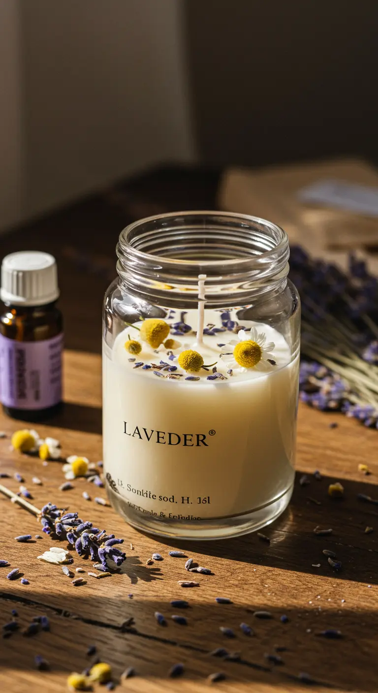 Vela casera de lavanda en un frasco de vidrio con flores secas.