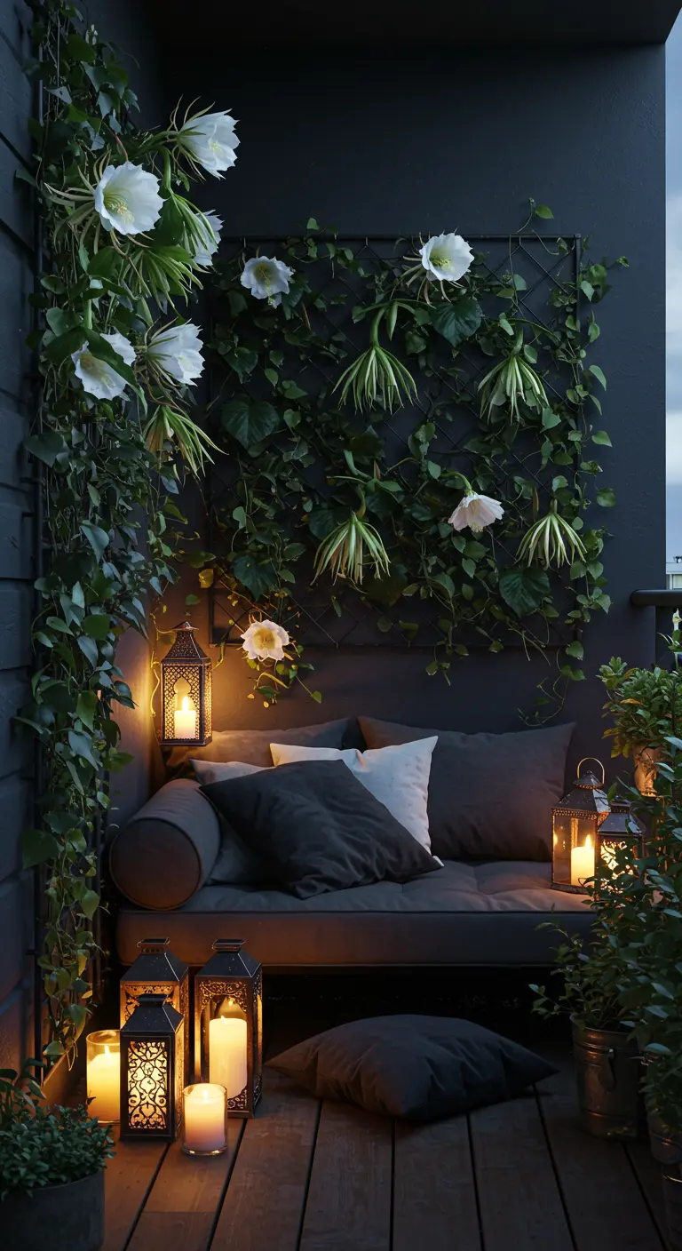 Balcón oscuro decorado para la noche con un sofá, farolillos con velas y flores blancas nocturnas.