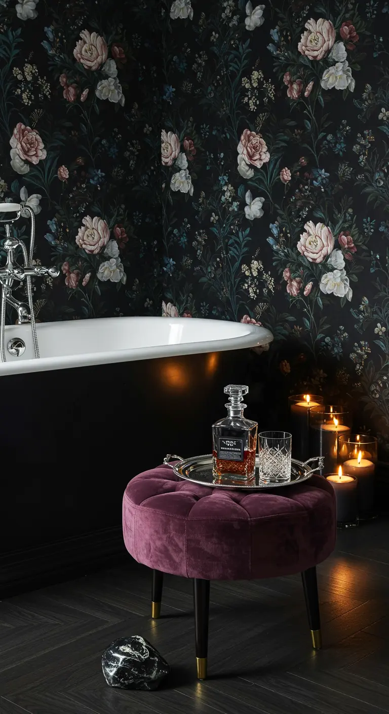 Baño con papel pintado floral oscuro, bañera negra exenta y taburete de terciopelo morado.