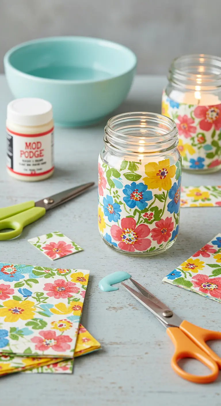 Portavelas de frasco decorado con flores de colores vivos usando la técnica de decoupage.