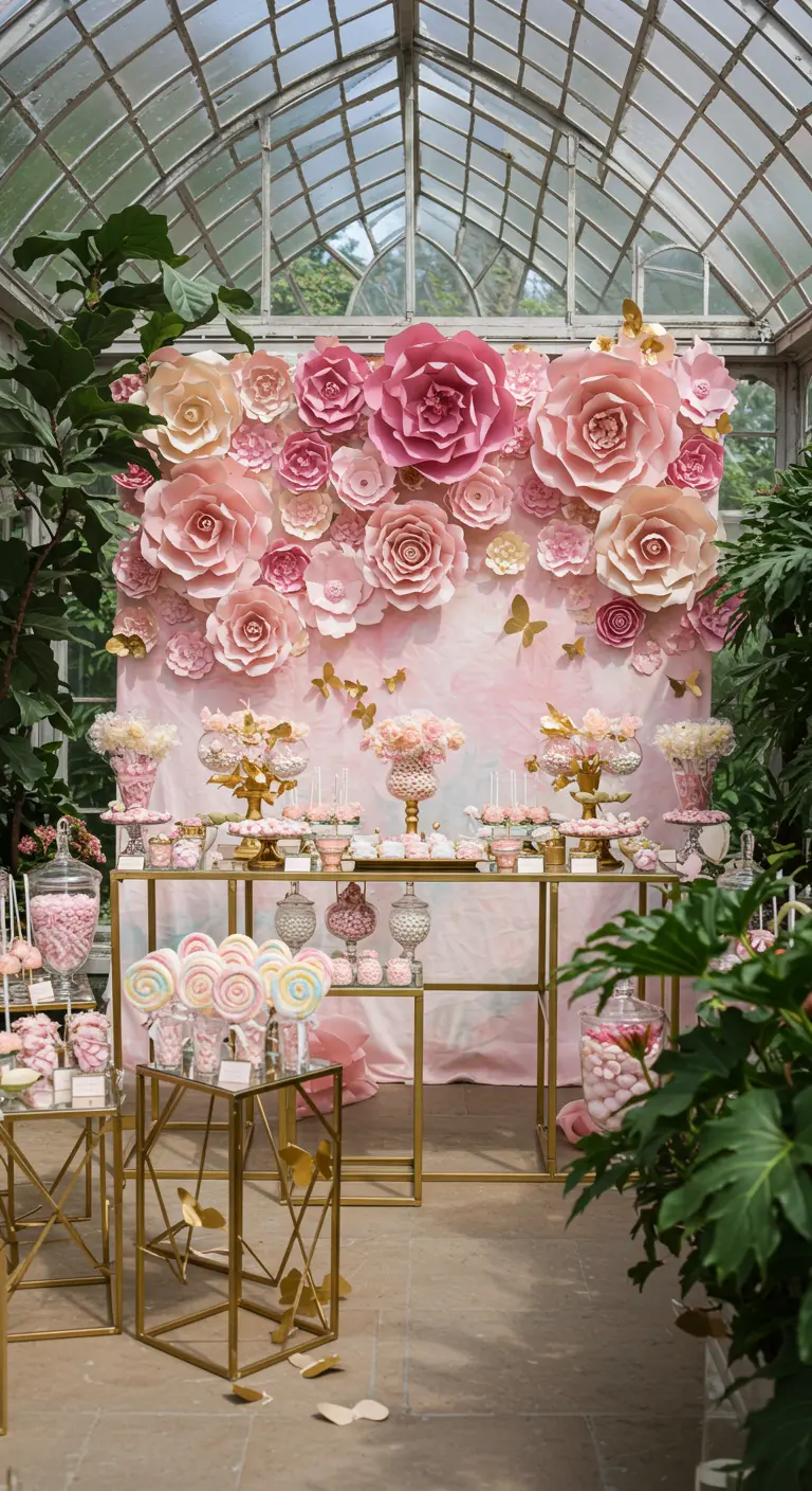 Candy bar con un impresionante muro de flores de papel gigantes en tonos rosas y dorados.