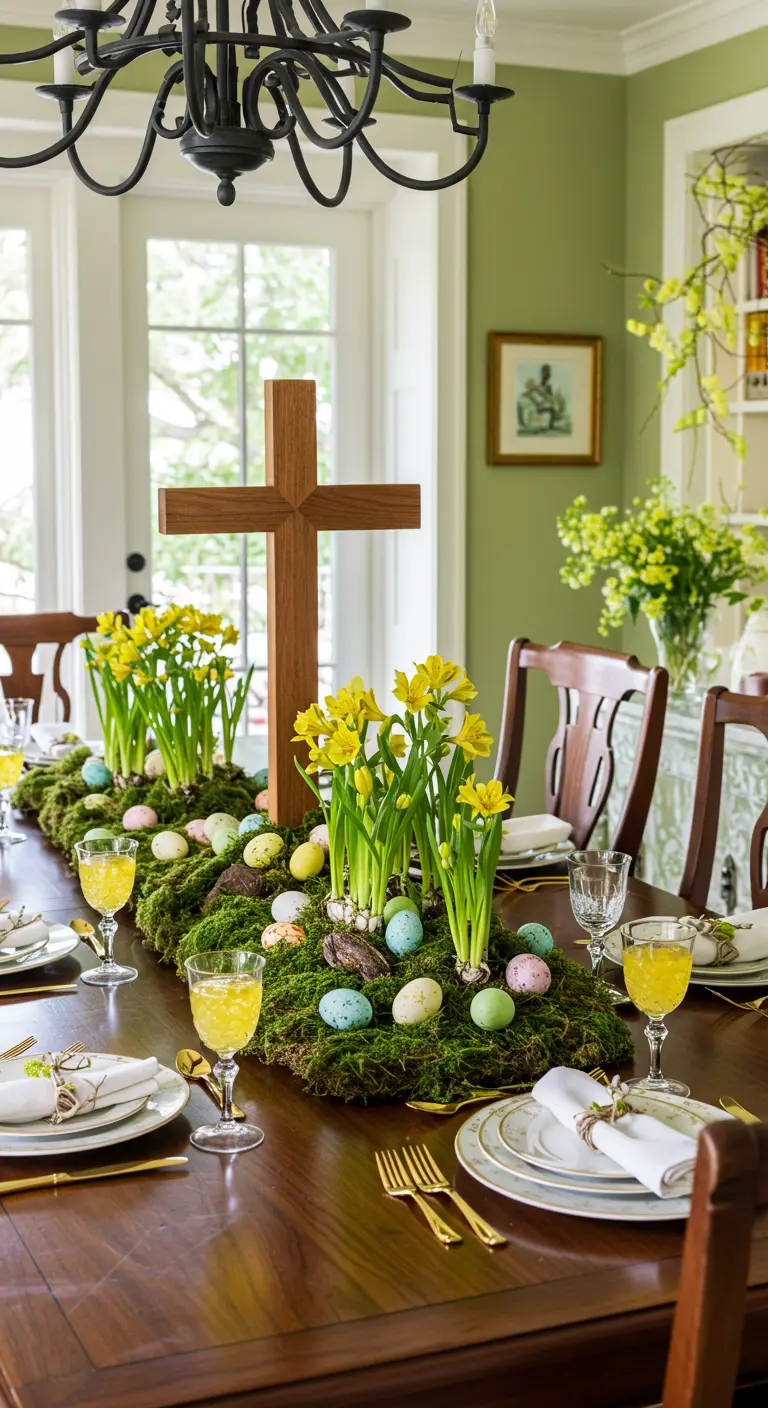 Centro de mesa de Pascua con cruz de madera, musgo, narcisos amarillos y huevos de colores.