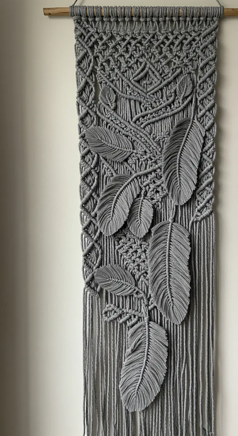 Tapiz de macramé gris oscuro con un patrón de nudos complejo y varias plumas superpuestas