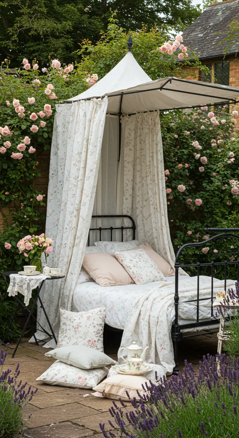 Cama de hierro forjado con dosel y cortinas florales, ubicada en un jardín lleno de rosas
