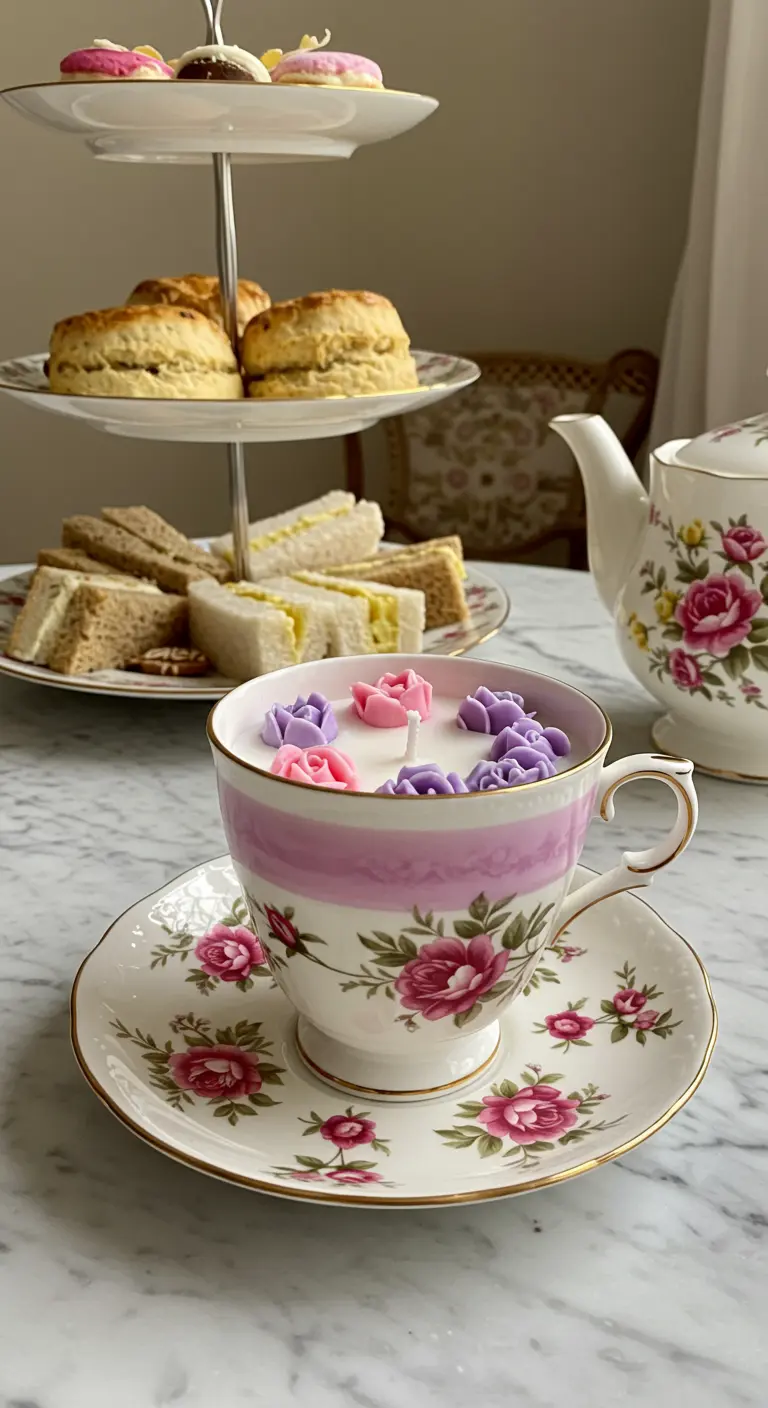 Vela dentro de una taza de té de porcelana floral, decorada con pequeñas rosas de cera.
