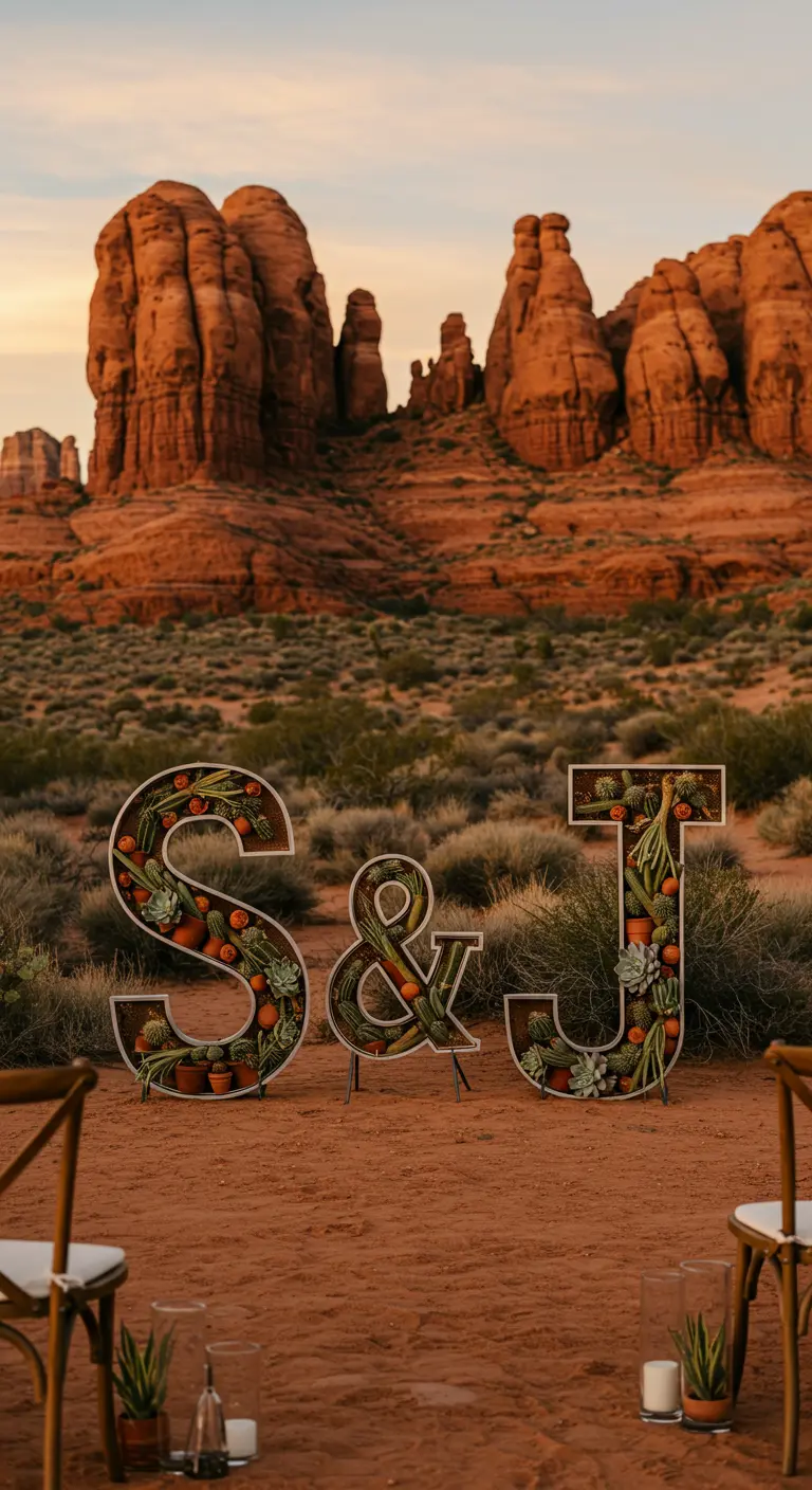 Iniciales 'S & J' huecas y rellenas de diferentes tipos de suculentas en un paisaje desértico.