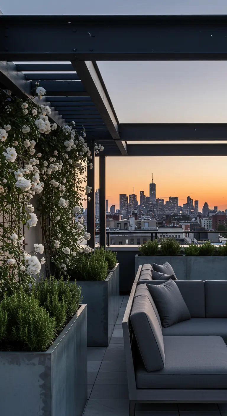 Azotea moderna con jardineras grises, rosas blancas trepadoras y vistas a la ciudad al atardecer.