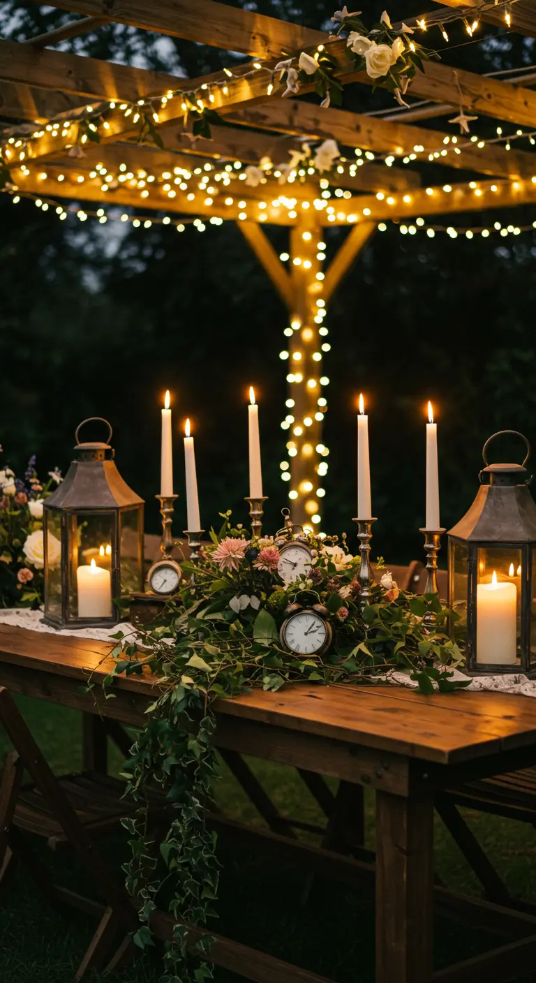 Mesa de jardín bajo una pérgola iluminada, con un centro de mesa de flores, relojes y velas.
