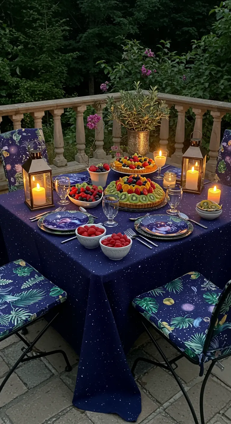 Mesa de jardín por la noche con mantel azul estrellado, velas y tartas de frutas.