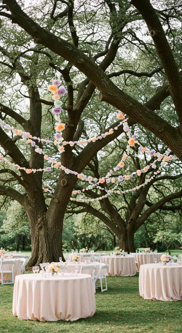 Guirnaldas de flores de papel en tonos pastel colgadas entre las ramas de grandes árboles.