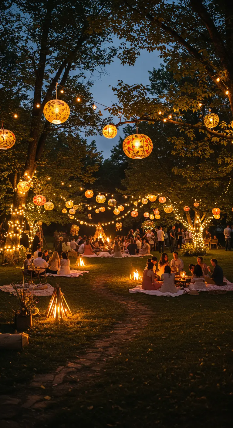 Fiesta nocturna en un jardín con cientos de luces y farolillos de papel colgando de los árboles.