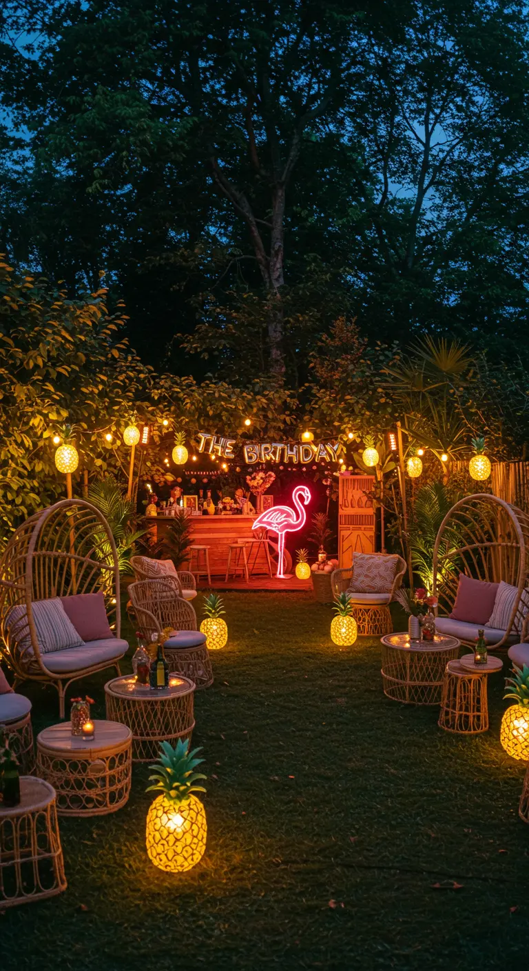 Fiesta nocturna en el jardín con luces de piña, letrero de neón de flamenco y muebles de ratán.