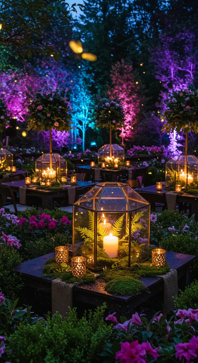 Centro de mesa con un terrario de cristal dorado que contiene una vela y helechos, en un jardín iluminado.