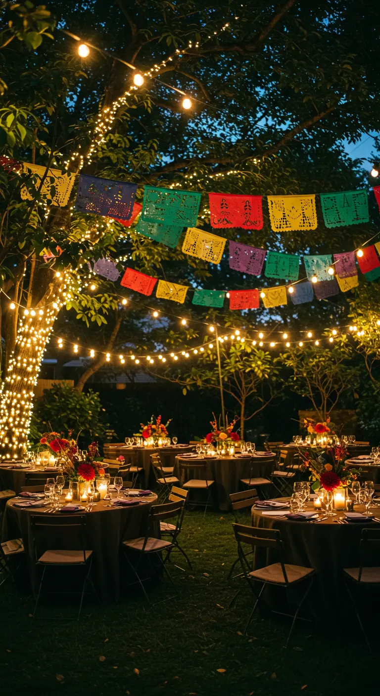 Jardín de noche decorado para una fiesta con papel picado y guirnaldas de luces cálidas.