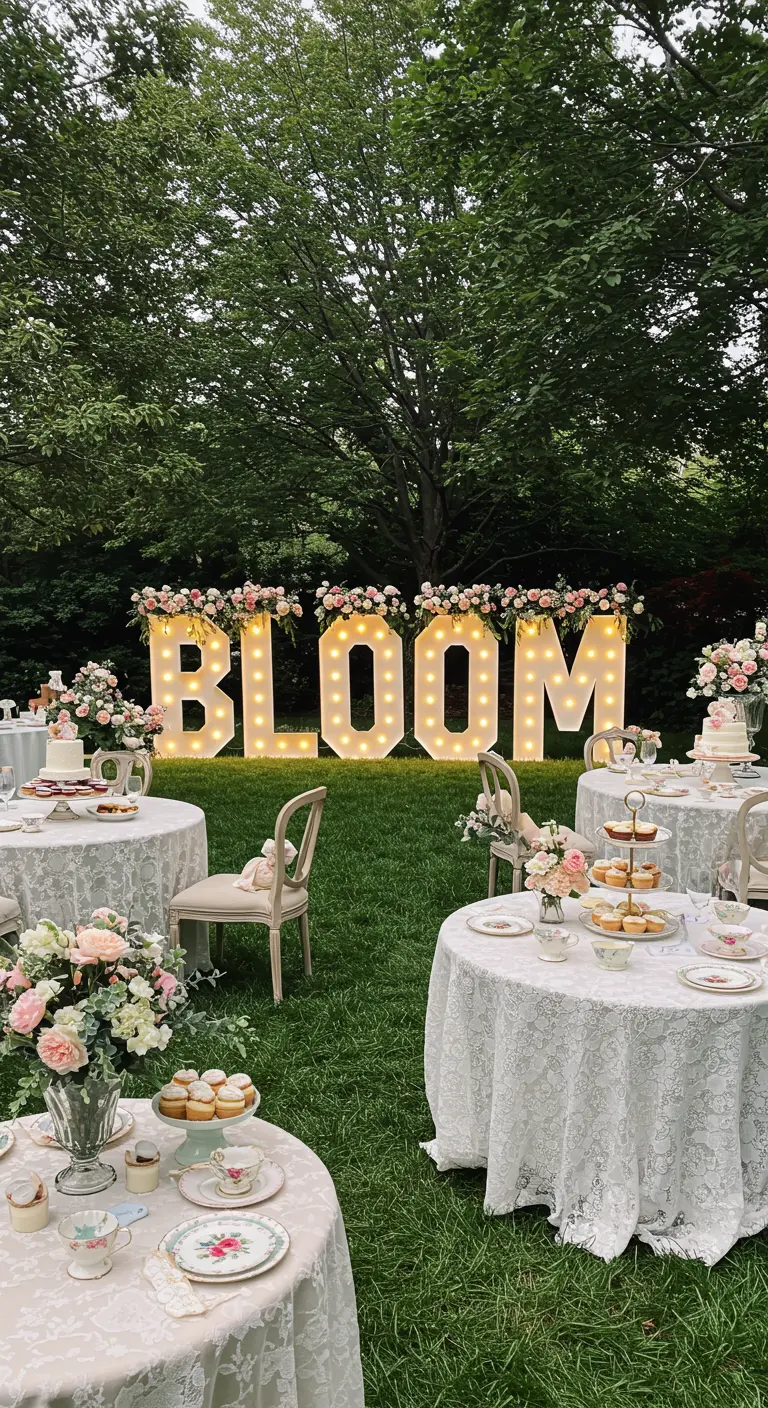 Letras 'BLOOM' iluminadas y decoradas con flores en una fiesta de jardín con mesas de té.