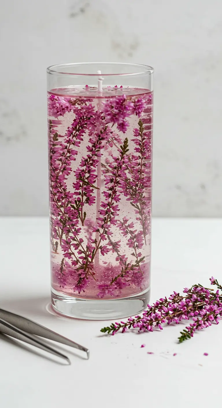 Vela alta de gel transparente con flores rosas suspendidas dentro.