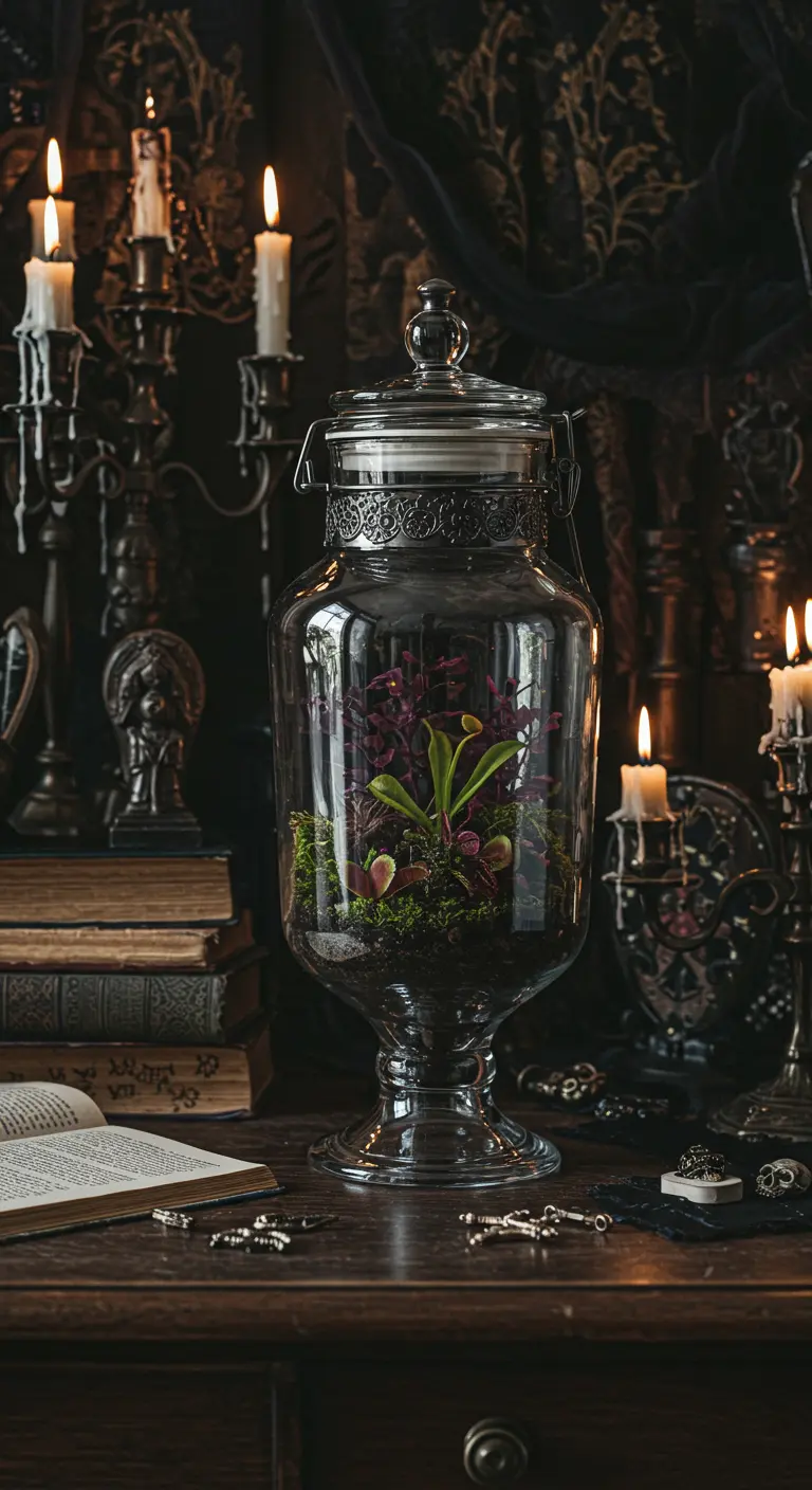 Un terrario de estilo gótico en un jarrón ornamentado con plantas de follaje oscuro, en un ambiente con velas.