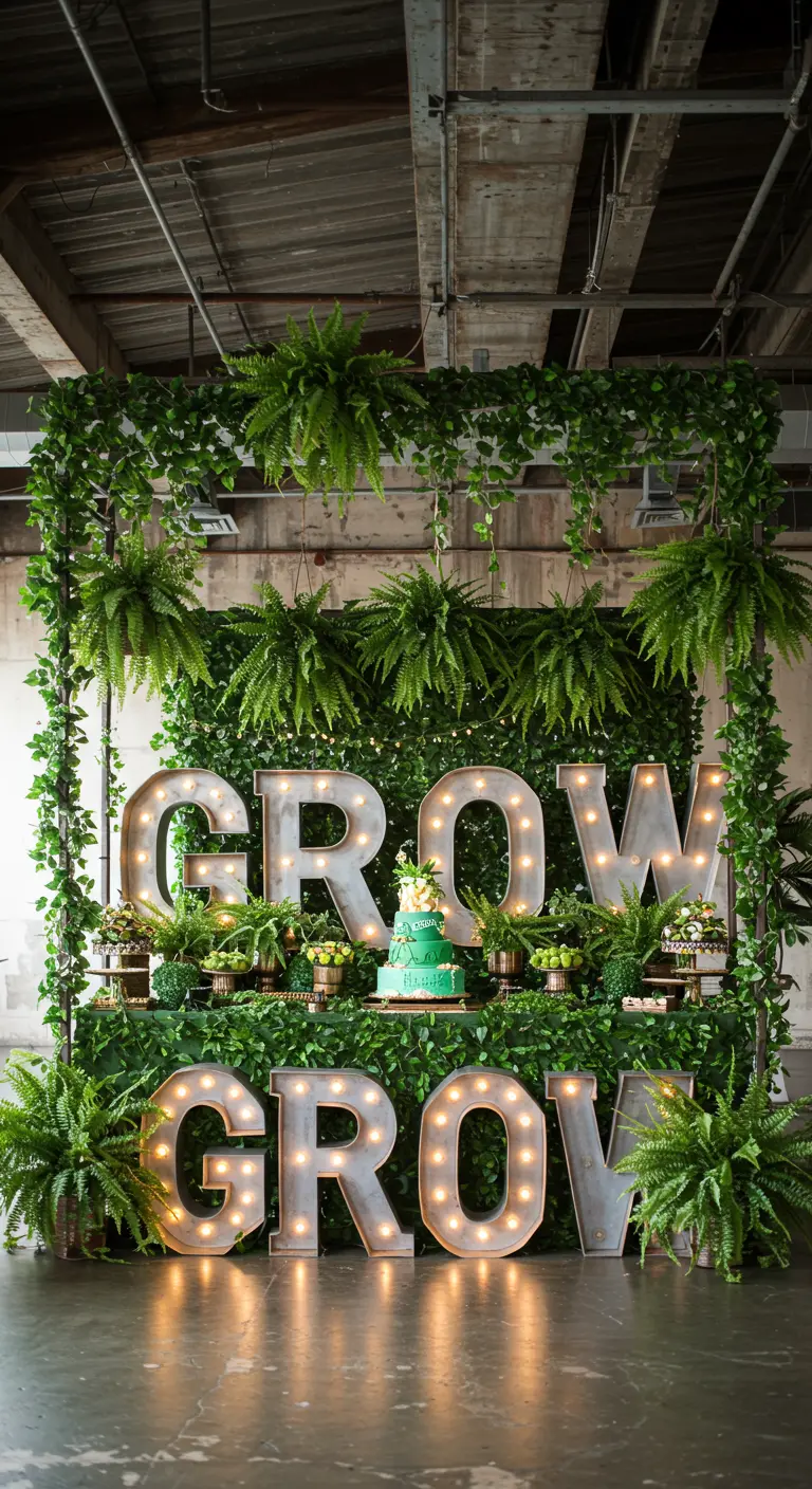 Letras metálicas 'GROW' sobre un fondo de pared verde con helechos y plantas.