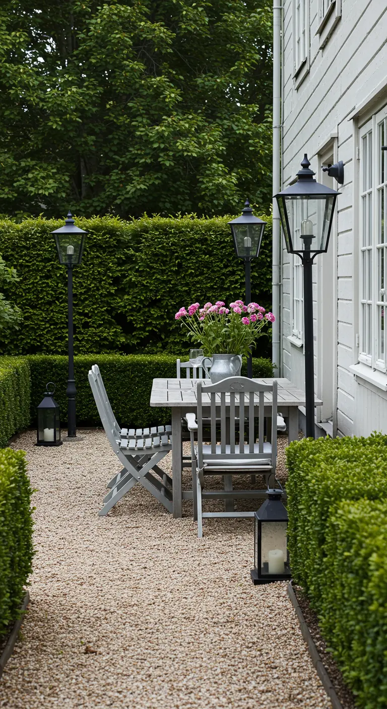 Patio con suelo de grava, setos recortados, muebles de jardín grises y farolas clásicas.