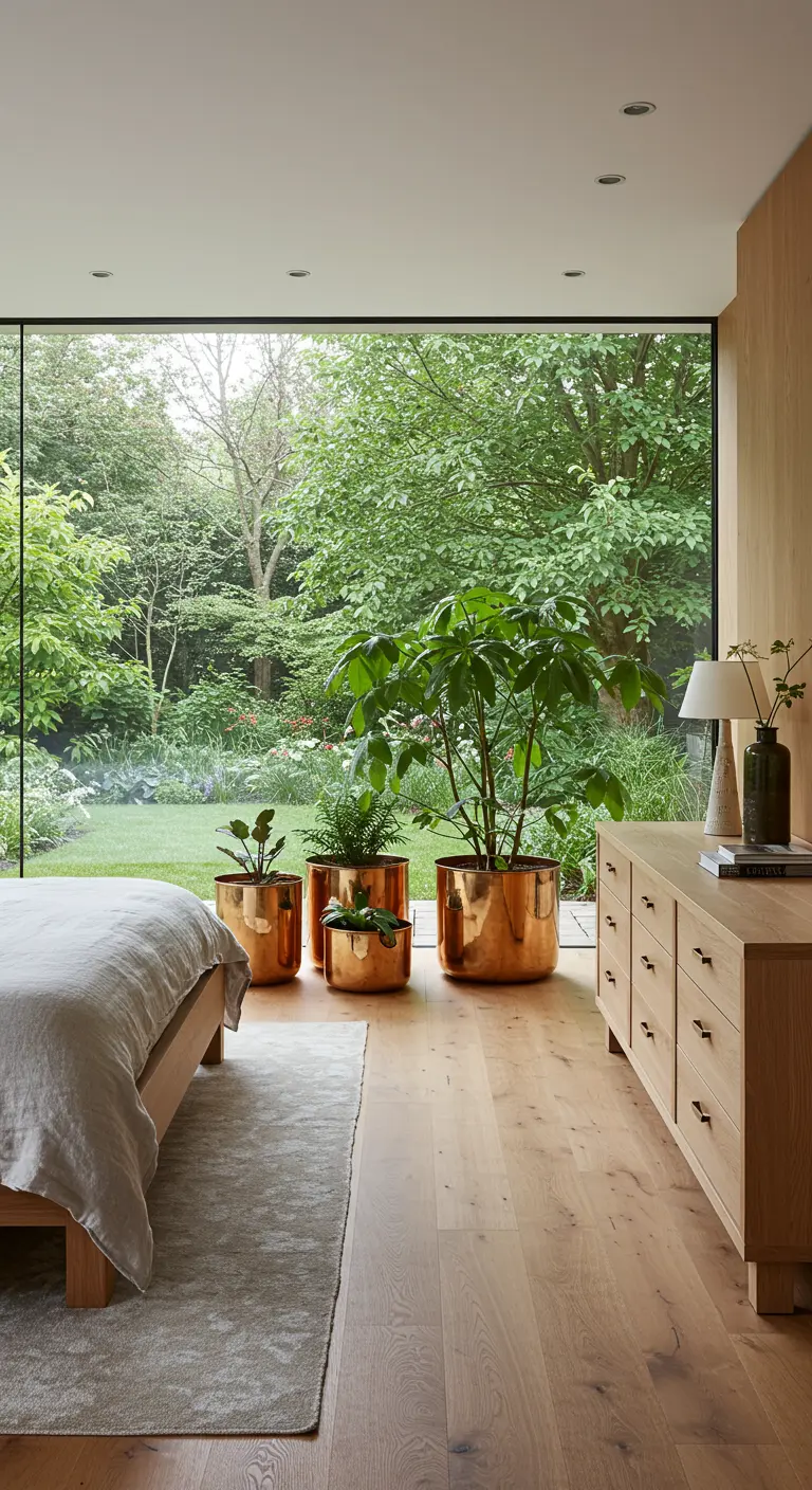 Grupo de macetas cilíndricas de cobre con plantas junto a una gran ventana en un dormitorio.