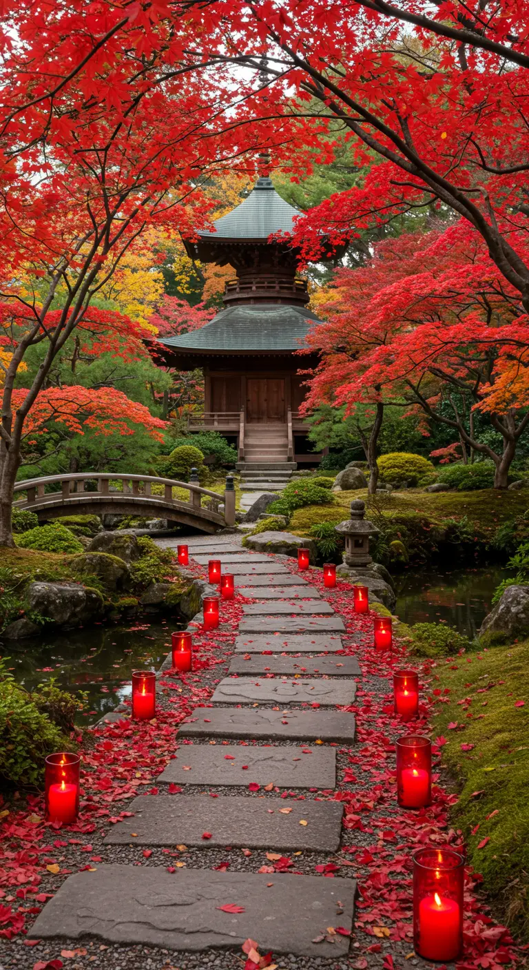 Sendero de piedra en un jardín japonés con arces rojos y velas rojas en el suelo.