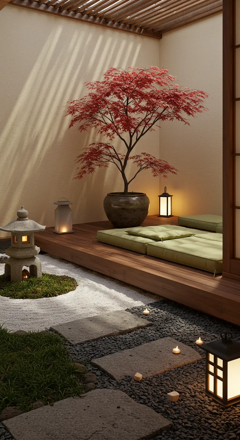 Patio de estilo japonés con un arce rojo, arena blanca y farolillos de piedra.