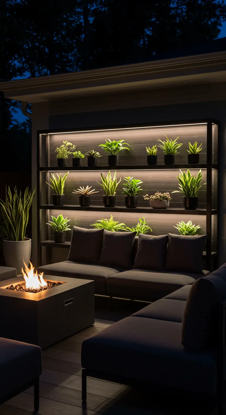 Estantería moderna de exterior con iluminación LED integrada que resalta las plantas por la noche.
